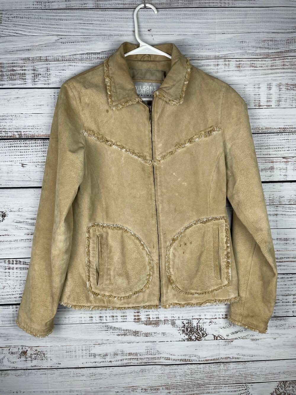 WILSONS LEATHER MAXIMA Womens jacket Tan Medium Vintage Fringe Y2K Western Penny